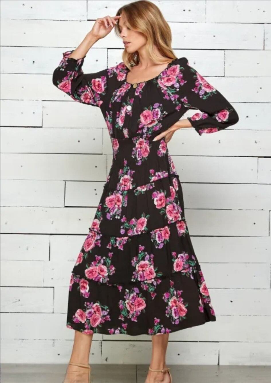 Figueroa & Flower Floral Tiered Black Pink Maxi Peasant Dress Cottage Core Sz. L